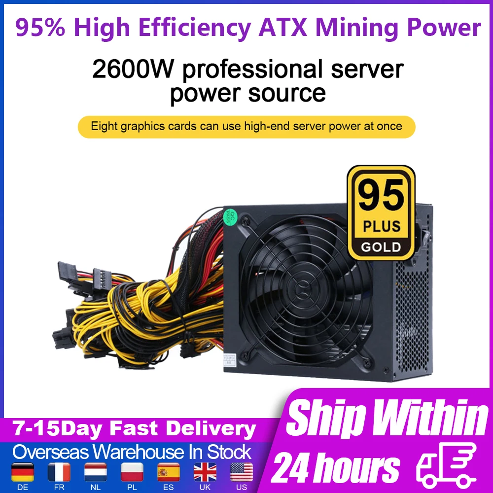 

2400W/2000W/1800W Miner Power Supply 95% High Efficiency AC 180-260V Active PFC ATX Power Cards GPU for Bitcoin Mining Miner