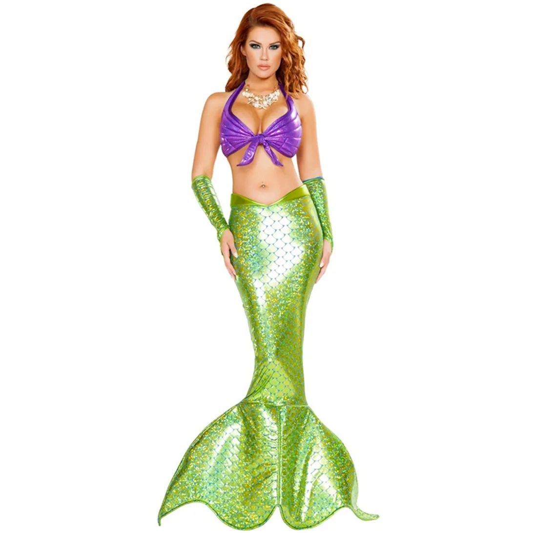 

Woman Halloween Mermaid Costumes Cosplay Sexy Bikini+Mermaid Tail Skirt + Sleeve Suit Carnival Role Play Party Dress C70843AD