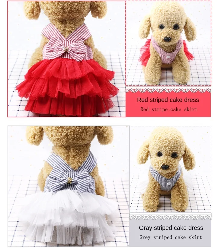 

Spring and Summer New Dog Clothing Cat Clothing Pet Supplies Striped Suspender Mesh Skirt Dress Small Dog Strawberry Dress