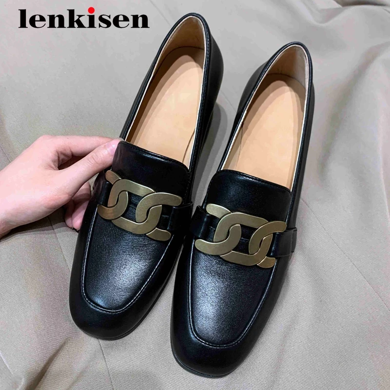 

Lenkisen hot sale elegant ladies genuine leather metal decorations square toe high heel slip on modern superstar women pumps L19