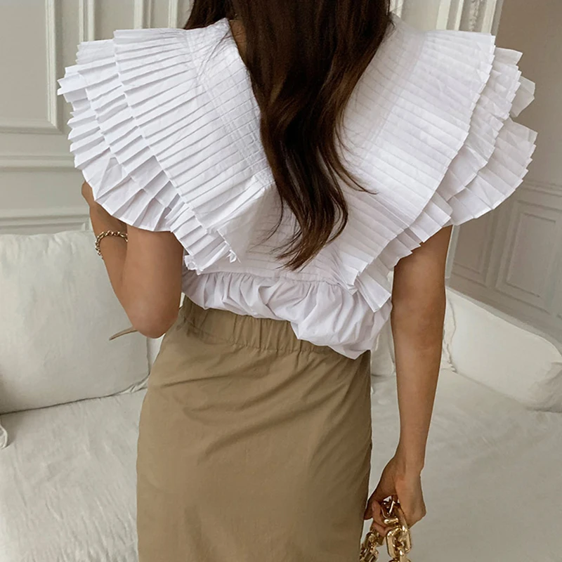 

Fimihawa Korean Chic Blouse Women Solid Pleated V Neck Single Breasted Shirts Blusa Femme Fashion Casual Flying Sleeve Lady Tops