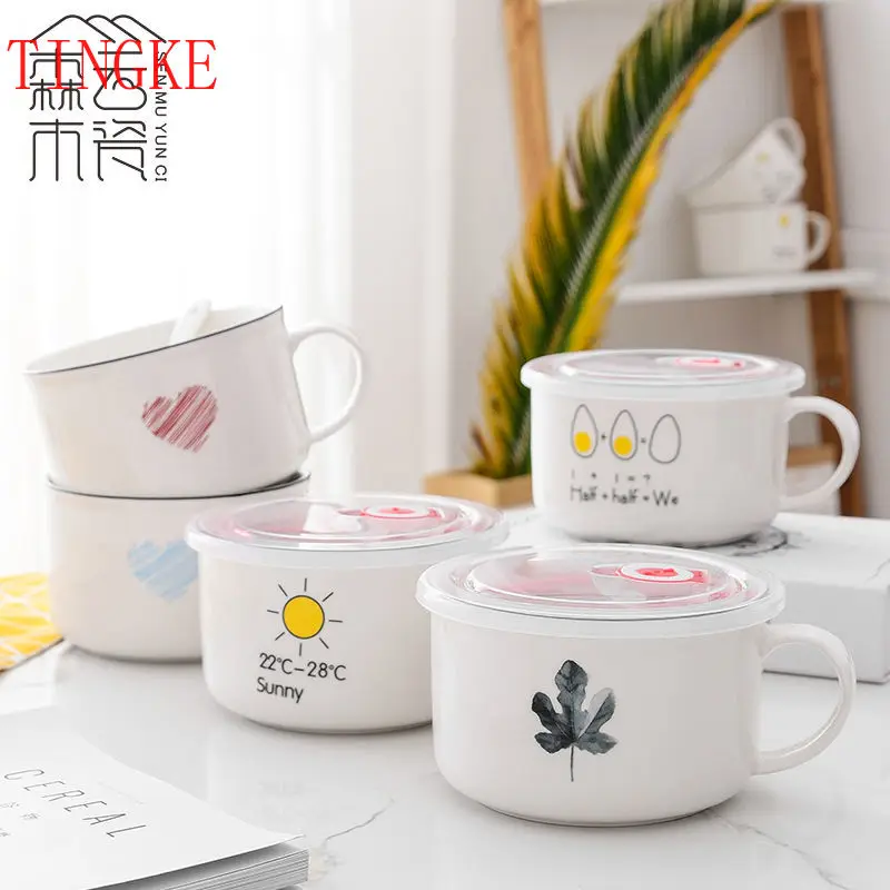 

800ml Instant Noodle Bowl with Lid Dormitory Student Bowl Set Ceramic Instant Noodle Cup Japanese Rice Bowl Noodle Bowl