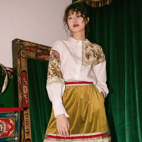 2020 Spring summer clothes for women Botany Atlas Printing White Shirt loose design long sleeve blouse DB110 | Женская одежда