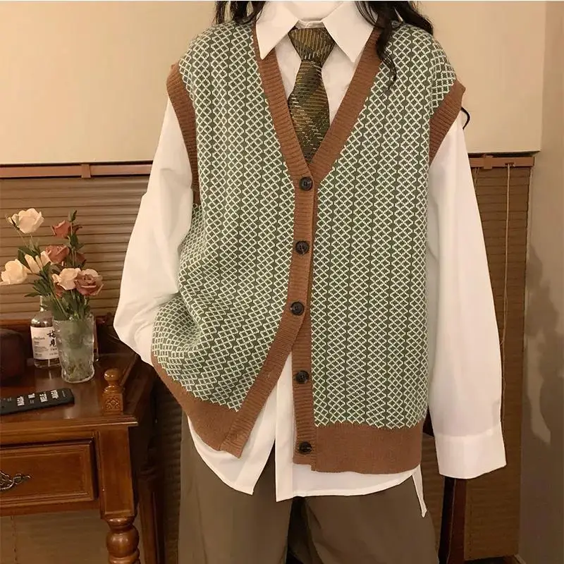 

Spring Preppy Style Girl Harajuku Loose Chic Knit Cardigan Vests Vintage Tide V-Neck Sleeveless Loose Women Casual Waistcoat Ins