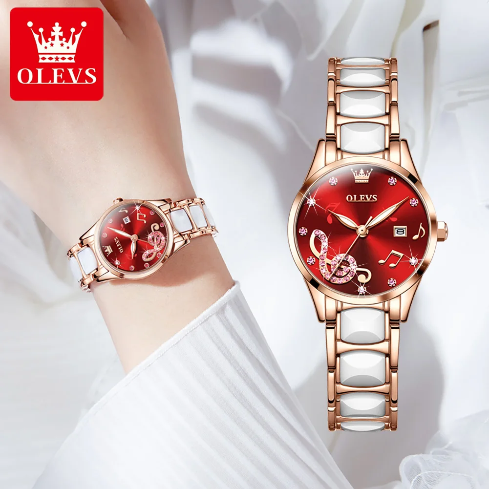 OLEVS Women Stainless Steel Rhinestone Watch Ceramic Bracelet Quartz Waterproof Lady Business Red Dial Calendar Analog Watches