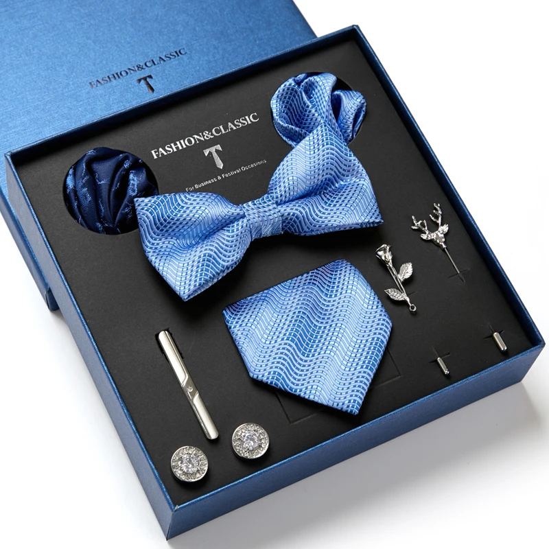 High Grade Luxry Holiday Father Gift Silk Tie Hanky Cufflinks Tie Clips and Lapel Pin Bowtie Set Necktie Fit Formal Wedding