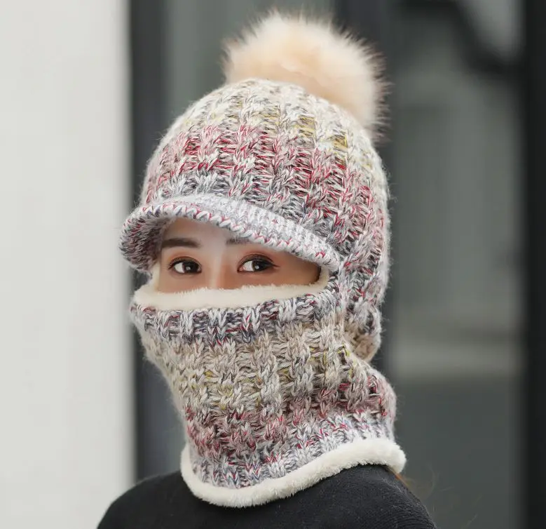 2019 женская зимняя вязаная шапочка красочные наушники шляпы с окантовкой мех pom