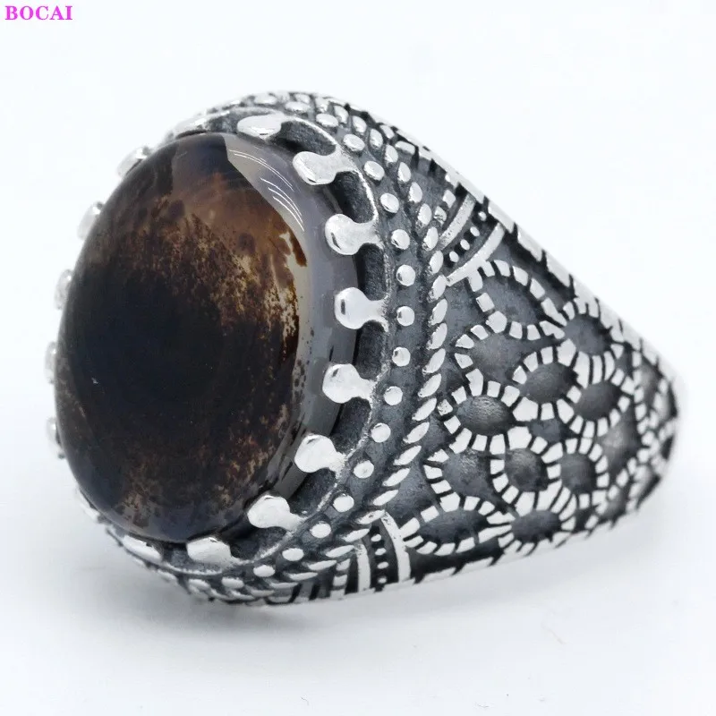 

BOCAI 100% s925 sterling silver ring Middle East Thai silver Personality Totem Natural Agate Pure Argentum Gemstone ring for men