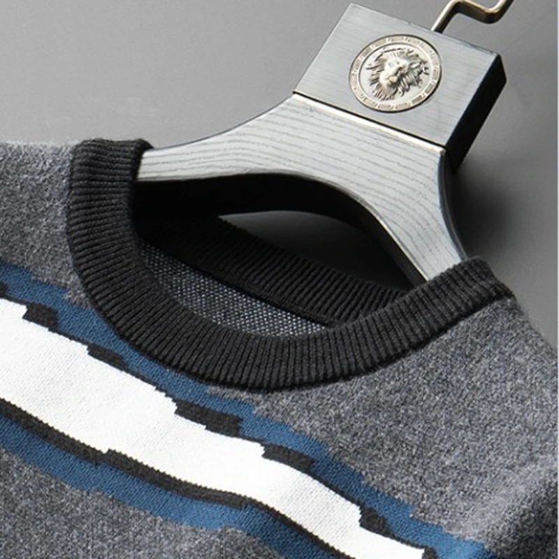 Мужской шерстяной свитер вязаные топы джемперы с градиентным рисунком и круглым