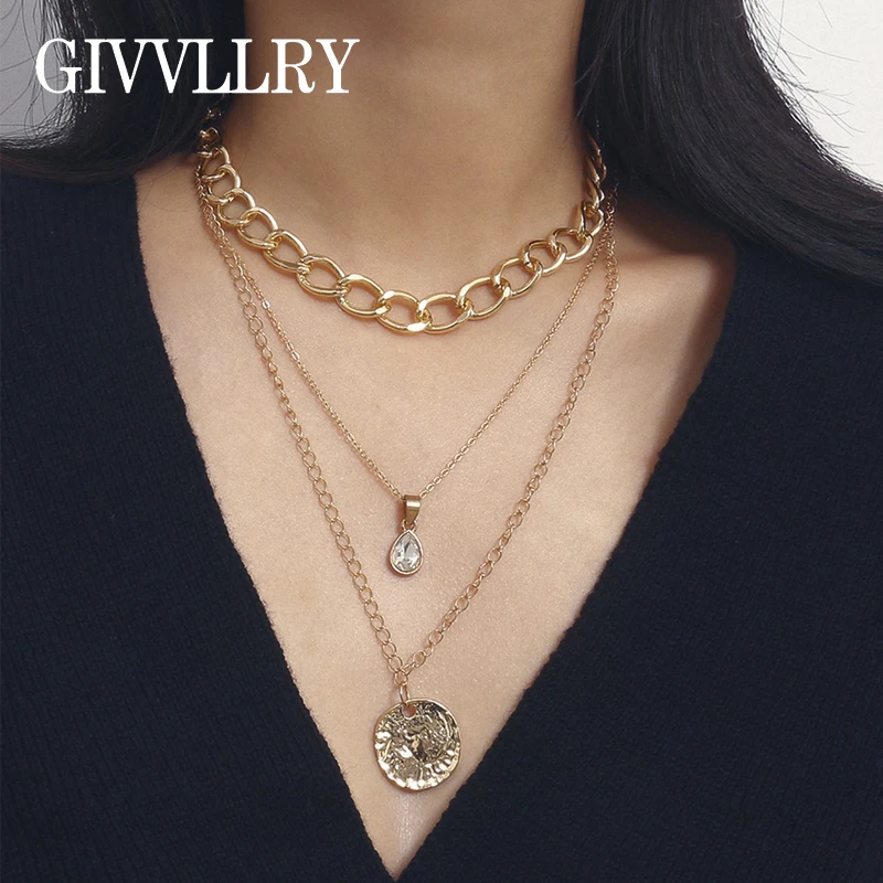 Женское асимметричное ожерелье с круглым кулоном модное золотистое массивное