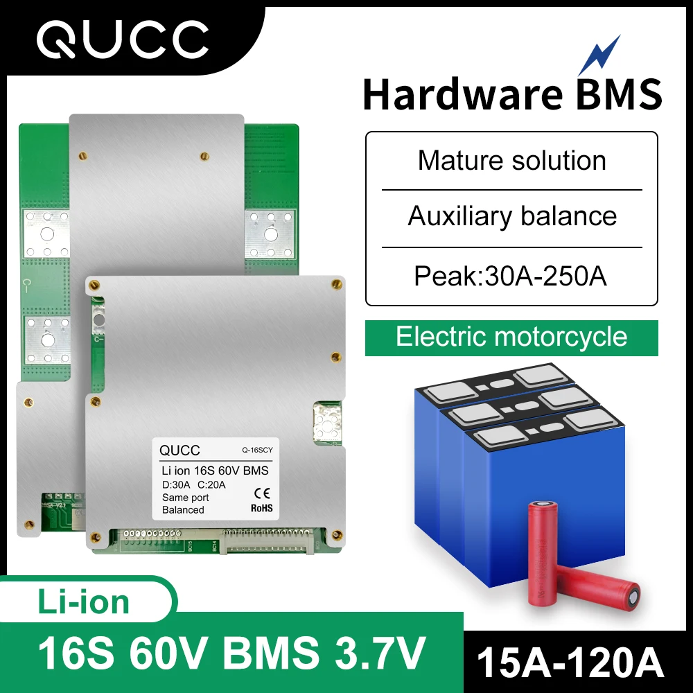 

QUCC BMS 16S 60V 18650 Balancer 120A 100A 60A 50A 40A 30A 20A Lithium Battery Protection Board PCB for Electric Vehicle Ebike