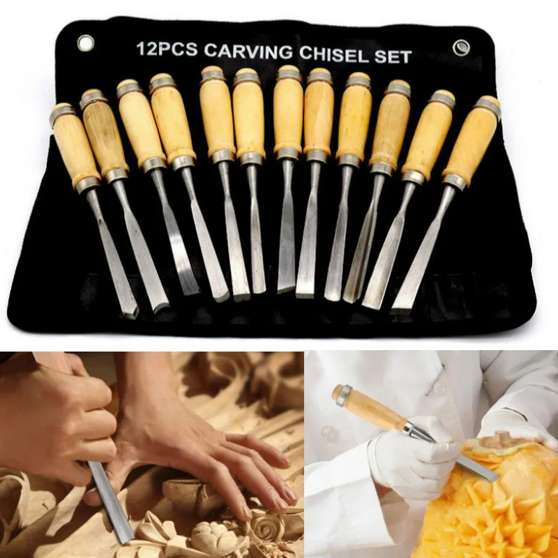 

12Pcs/set Professional Carving Hand Chisel Tool Set Carpenters Woodworking Carving Chisel DIY Detailed Tools With Wooden Handle