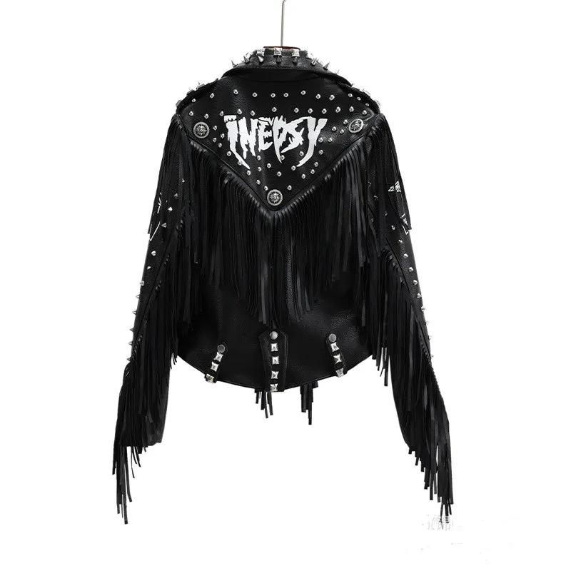 Модная шикарная Черная байкерская кожаная куртка с бахромой Женская Шипованная