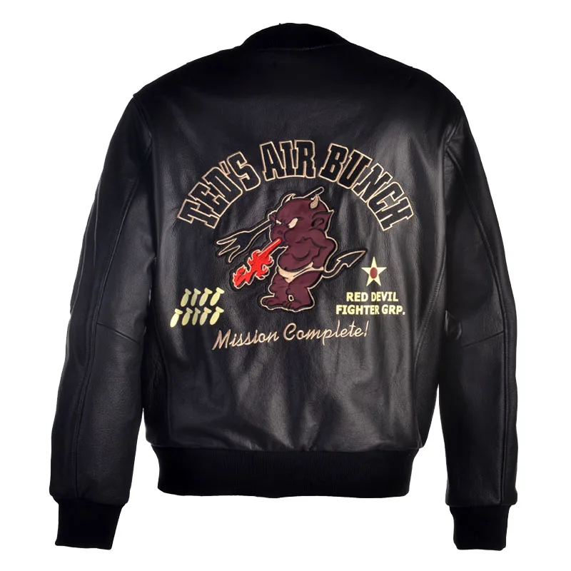 

Men's Genuine Leather Jacket Cowhide Embroidered Bomber Coat Spring Autumn Pilot LeatherJackets for Men