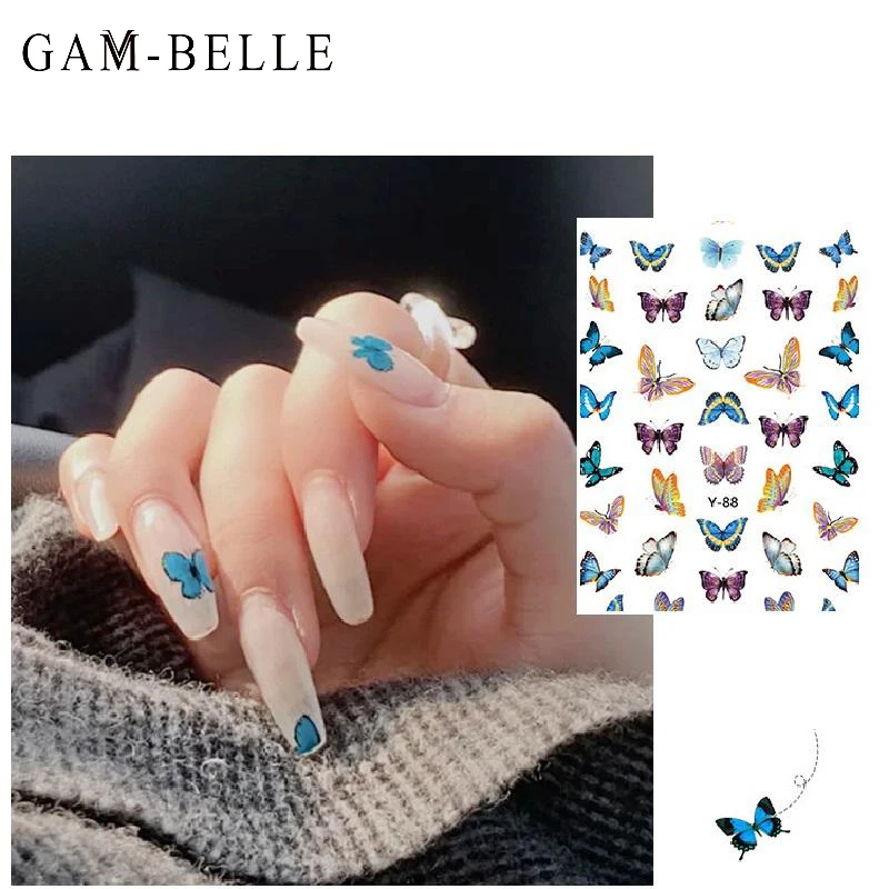 

GAM-BELLE 1 лист акварельные бабочки слайдеры синий черный наклейка для ногтей наклейки летнее украшение для ногтей водное тату маникюр