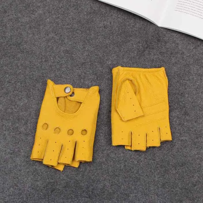 Button-Yellow Мужские перчатки без пальцев, кожаные перчатки для вождения в тренажерном зале, тактические военные Перчатки для фитнеса, мотоцикла, перчатки с полупальцами, черные мужские Нескользящие - Цвет: Button-Yellow