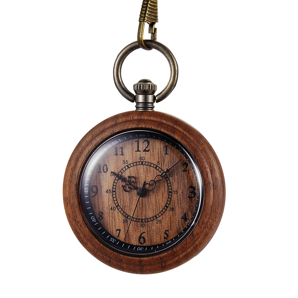 Retro Wooden Pocket Watch for Men Arabic Numerals Dial Accessory Classic Rough Chain Pendant Hand Winding Steampunk Luxury Clock cute owl key chain ring pocket watch for women simple white dial with arabic numerals clock men bronze accessory gift zakhorloge