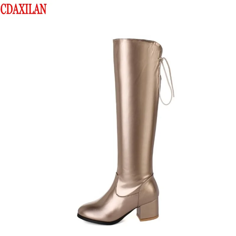 

CDAXILAN new to women's boots PU leather side zipp back lace-up high-heels knee-high boots roud toe high boots winter
