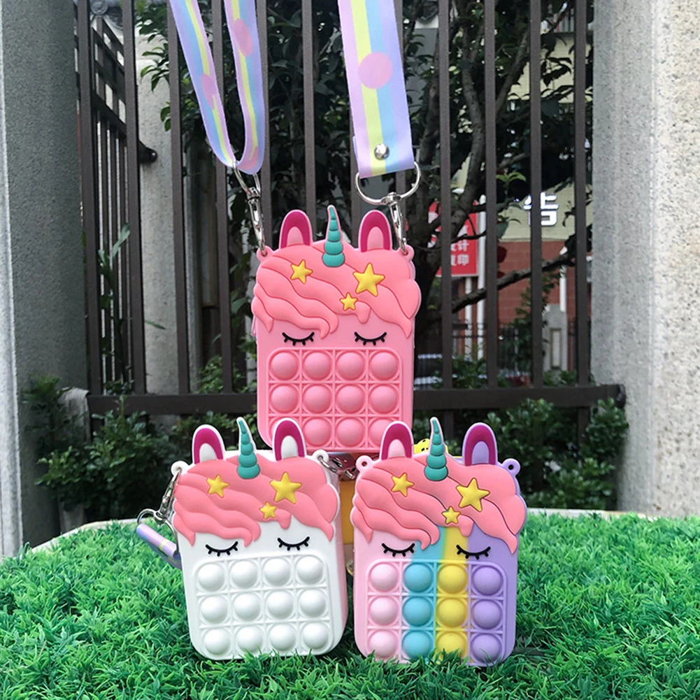

2021 New Girl Silicone Bubble Bag Lovely Cartoon Unicorn Crossbody Bag Multifunctional Change Purse Stress Relief Fidget Toy