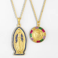 rainbow gothic round virgin mary pendant necklaces for women crystal blue cz oval our lady of guadalupe christian zircon jewelry