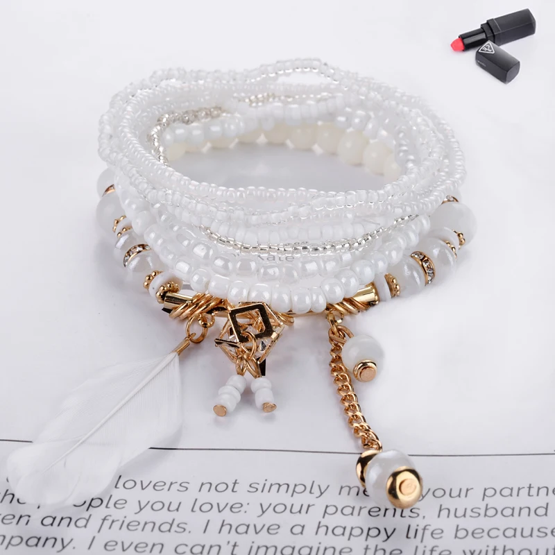 2019 unique Fashion Feather friendship Bracelets &amp Bangles For Women Jewelry Christmas Gift Crystal Beads Boho Bracelet Femme | Украшения