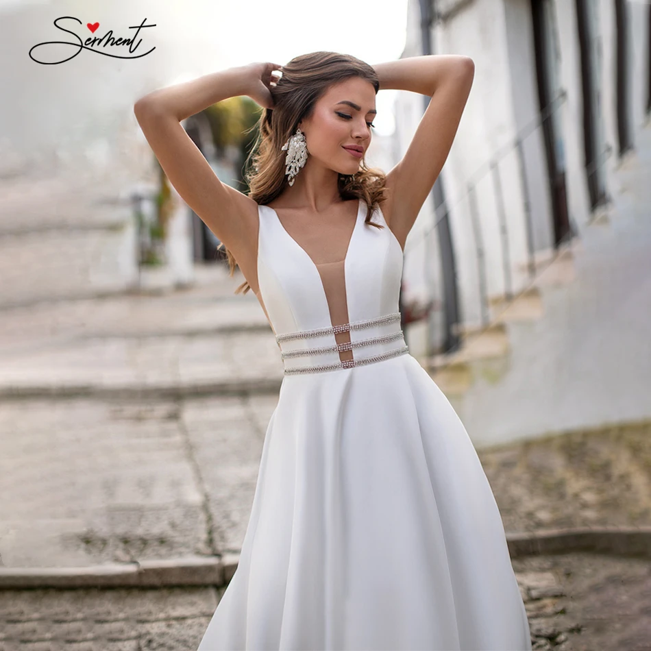

BAZIIINGAAA Sleeveless V-Neck Simple Satin Wedding Dress Wide Shoulder Strap Fashion Bride Support Tailor-made