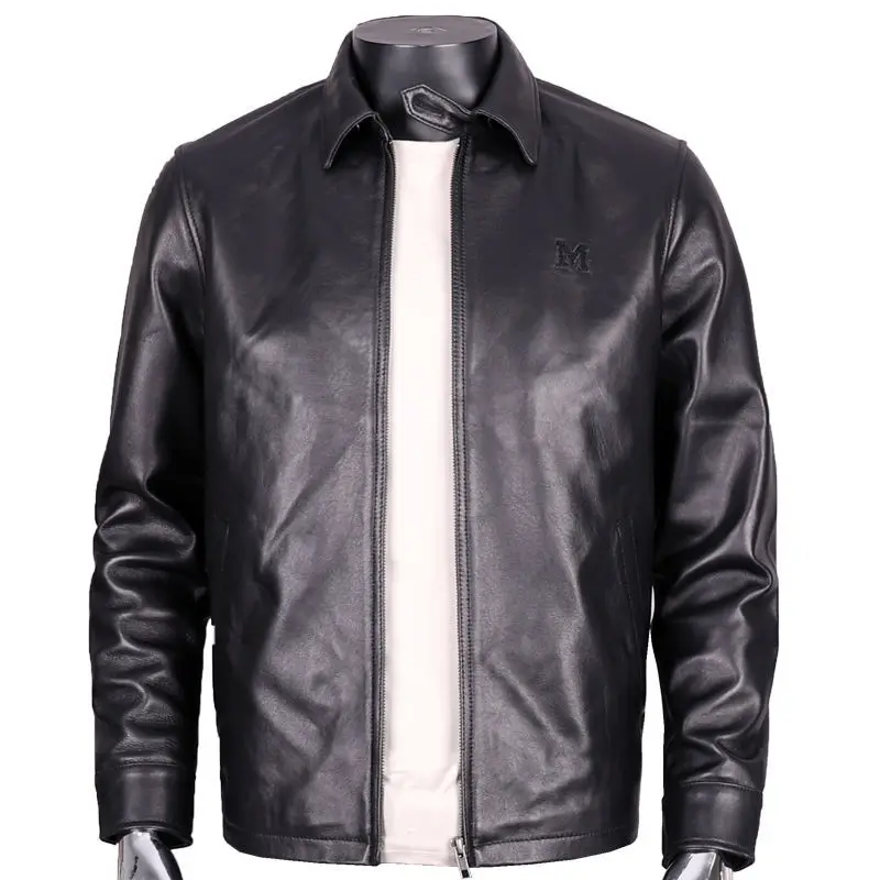 

Autumn Lapel Short Genuine Leather Coat Men's Sheep Leather Jacket Dad Middle-aged