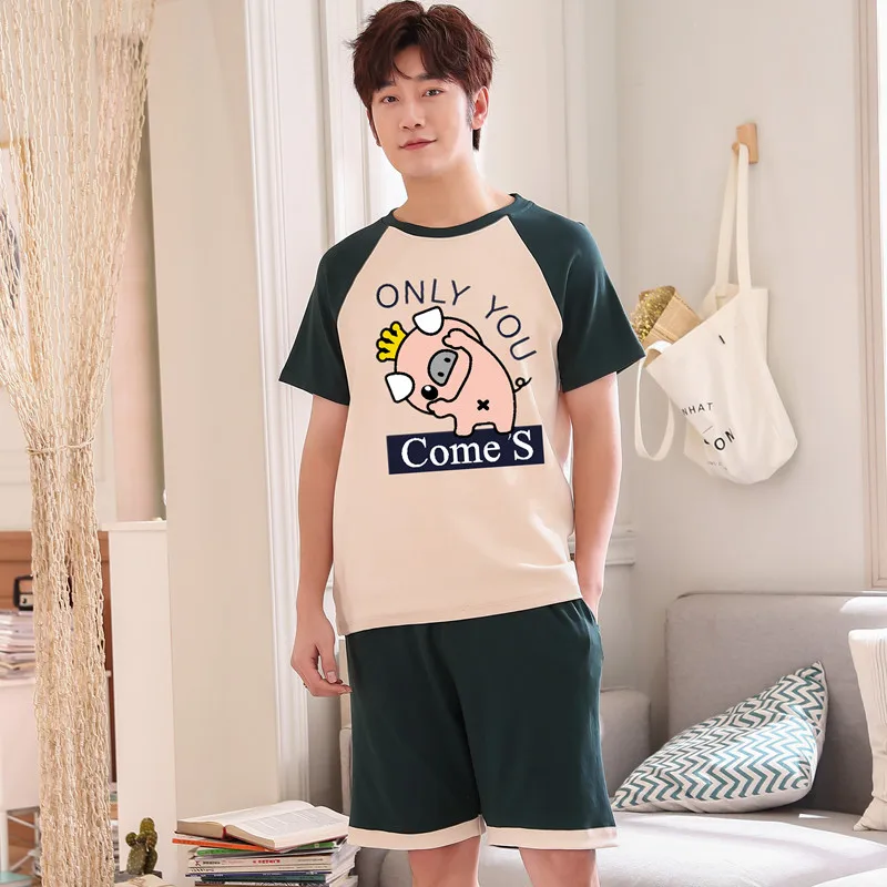

Summer Suits Cute Pink Pig Boy Student Pajamas Set Cartoon Printing Short Sleeves Nightwear Elastic Waist Shorts Men Sleepwear