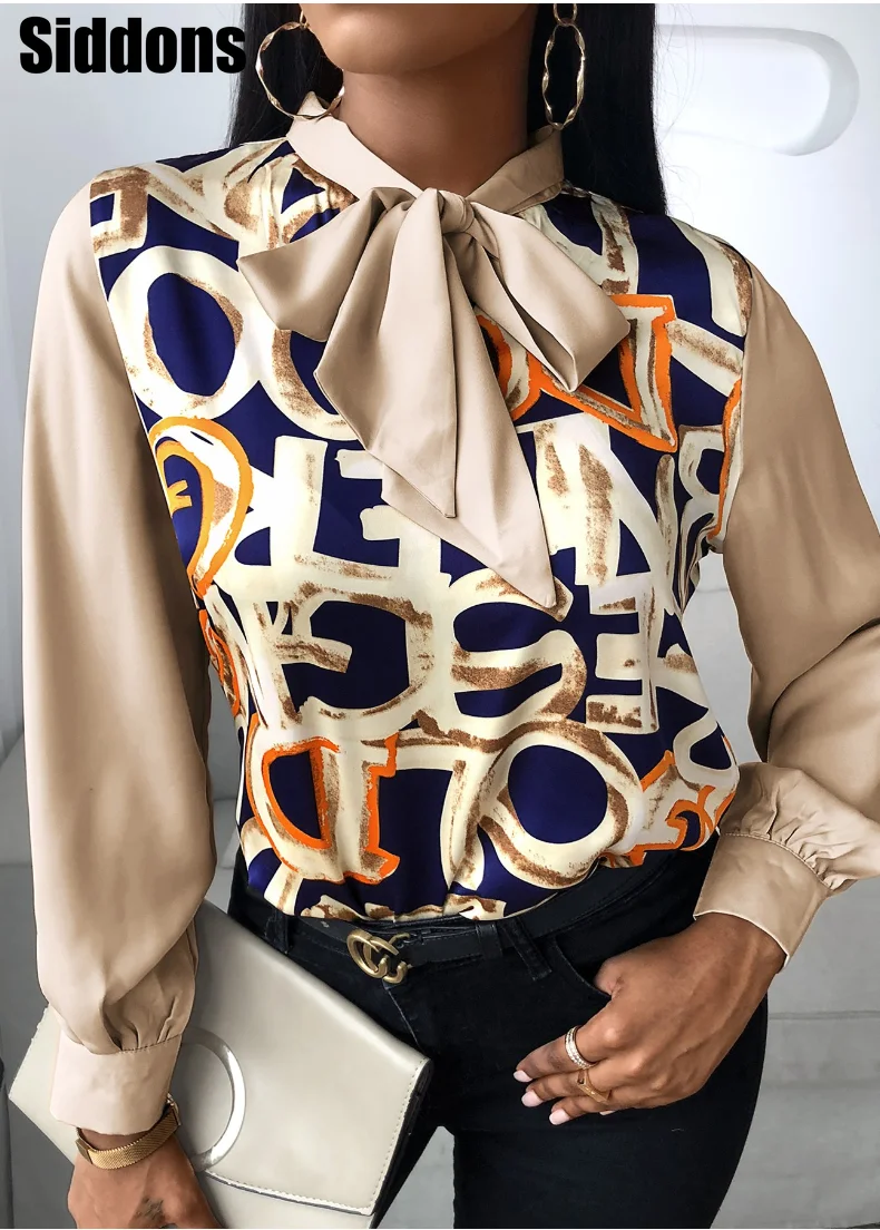 

Scarf Neck Baroque Print Top Blouses Women Retro Print Lantern Sleeve Blouse Shirt Elegant Office Lady Shirt Fashion Blusa Mujer