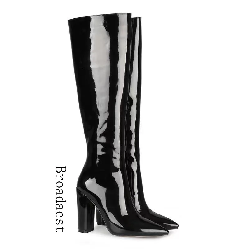 Broadcast 2021 New Autumn And Winter Ladies Patent Leather Fashion Pointed Sexy High Heel Knee-length Ladies Boots