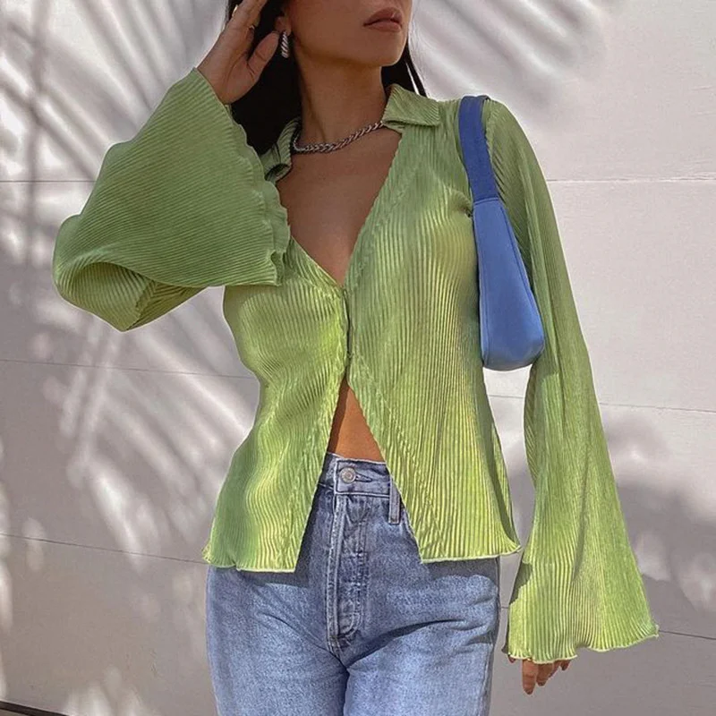 

Flare Sleeve Green Shirt Sexy Casual Turn Down Collar Long Sleeve Shirts Button V Neck Sexy Fashion Thin 2021 Summer Women Shirt