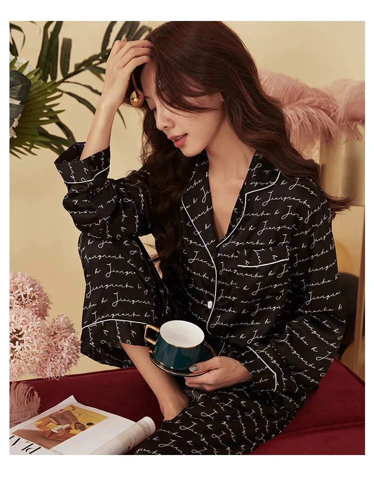 2019 Autumn Women Pajamas Chiffon Satin Two Piece Sleepwear Set Long Sleeve Trousers Fashion Casual Home Suit Female Homewear | Женская