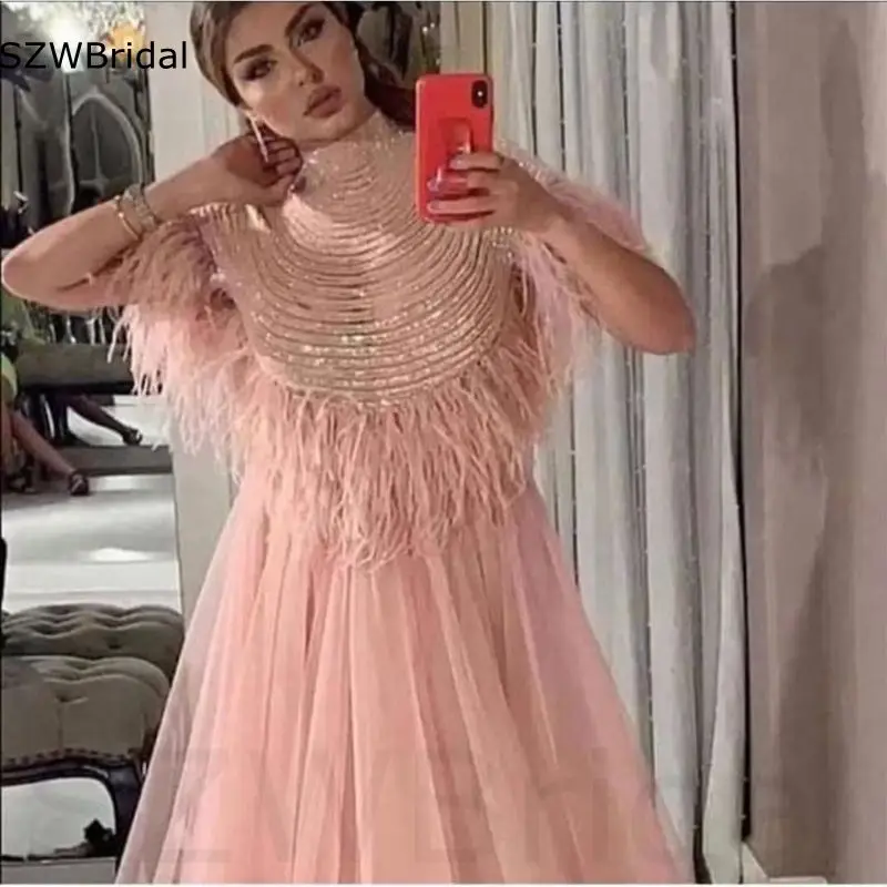 

New Arrival High Neck Pink Caftan Dubai Evening dresses 2023 Feathers with Beaded Abiye Evening gowns for women