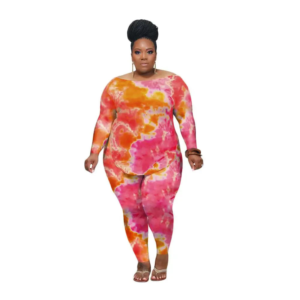 

Oversize XL-4XL Women Tie-Dye Printing Sets Slash Neck Long Sleeve Loose Asymmetric Tees High Waist Leggings Casual Tracksuits