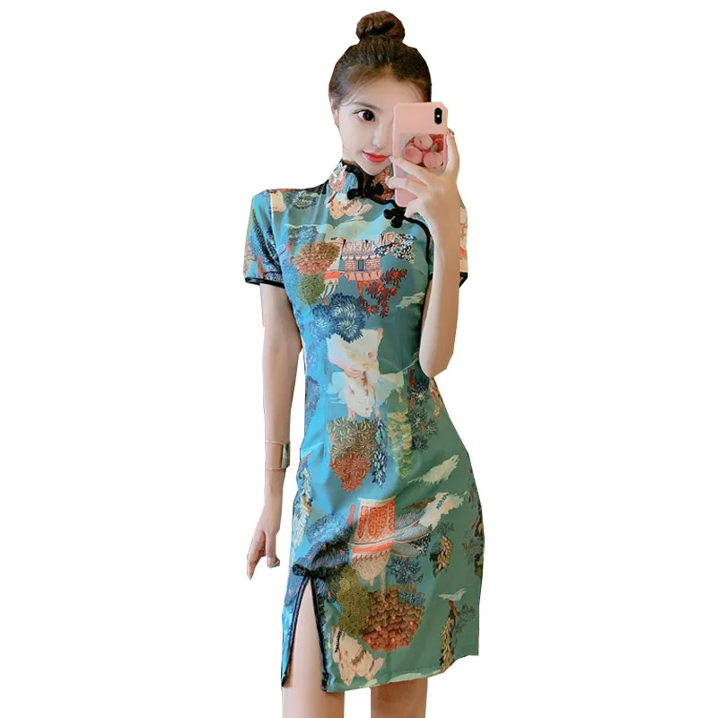 

Chinese Traditional Dress for Women Crane Printed Retro Sexy Cheongsam Elegant Slim Skirts Qipao Banquet Hanfu Nightclub Dresses