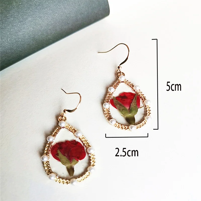 

2020 Korea New Design Fashion Jewelry New Craft Eternal Flower Dried Flower Dripping Oil Elegant Female Earrings Pearl Earrings