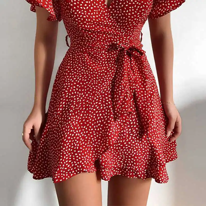 

Summer dressed female butterfly floral sleeves impression v neck high waist female ribbons mini red dress 2021