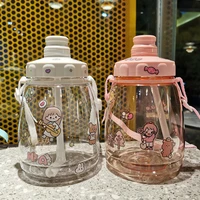 1300ml large cartoon children drinking water bottle with straws baby portable cup with shoulder strap water bottle