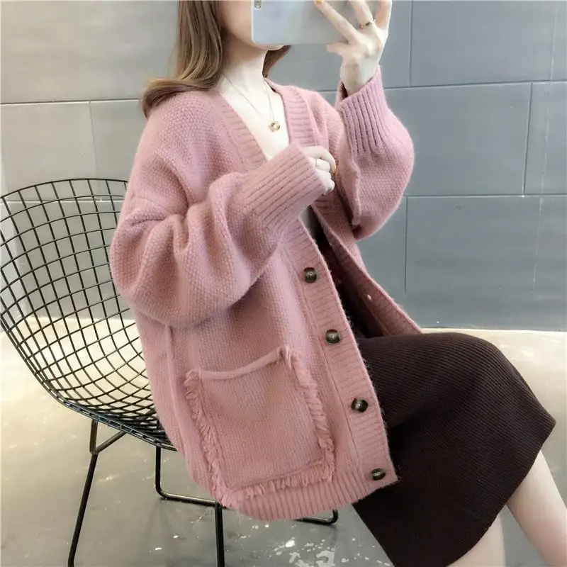 

Lazy Wind Knitted Cardigan Women Autumn Loose 2021 New Loose Korean Fashion Padded Pocket Solid Top Sweater Tops Women Sweaters