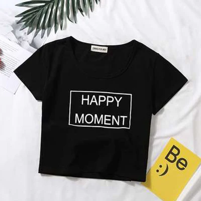 H-Black Повседневные однотонные Короткие топы с буквенным принтом, женские модные тонкие футболки с коротким рукавом, летние женские модные простые футболки с графикой, Новинка - Цвет: H-Black