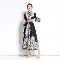 women dress high quality print comfortable breathable long sleeve empire slim a line fashion casual sashes mid calf puff sleeve