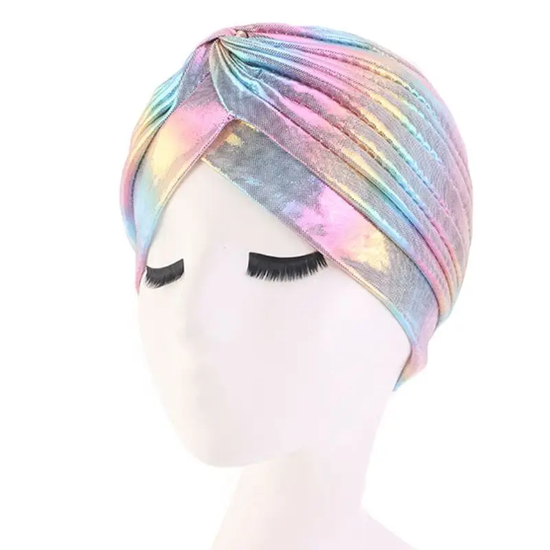 

Free shipping Women Rainbow Metallic Arab Turban Hat Twisted Front Pleated Headwrap Glitter Beanie Muslim Hair Loss Chemo Cap
