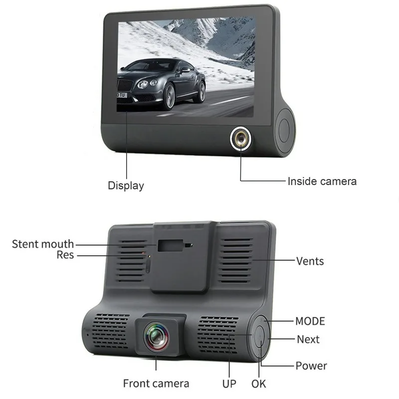 HD 1080P Dash Cam Full Car DVR Video Recorder Car Camera Loop Recording 3 Cameras 4.0 Inch IPS HD Display