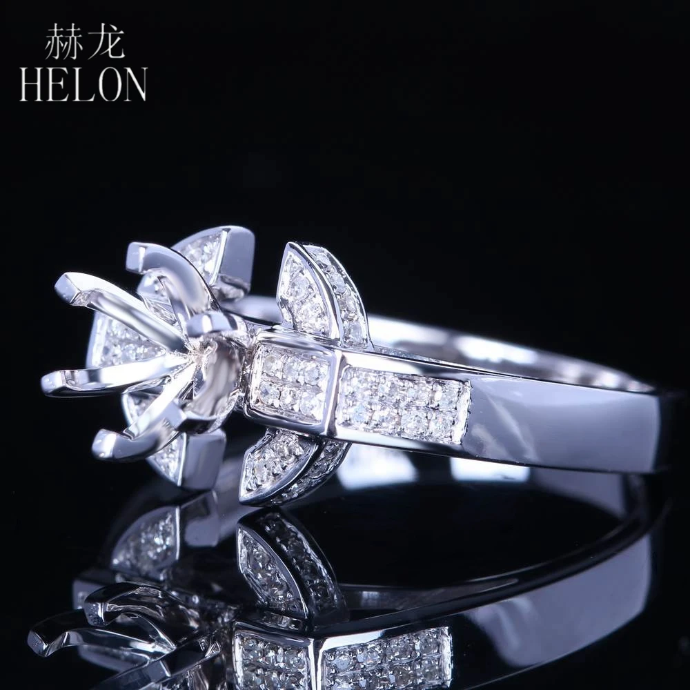 HELON 6.5mm Round Cut Solid 14K White Gold Natural Diamond Engagement Wedding Semi Mount Ring Setting 6 Prong Women Fine Jewelry