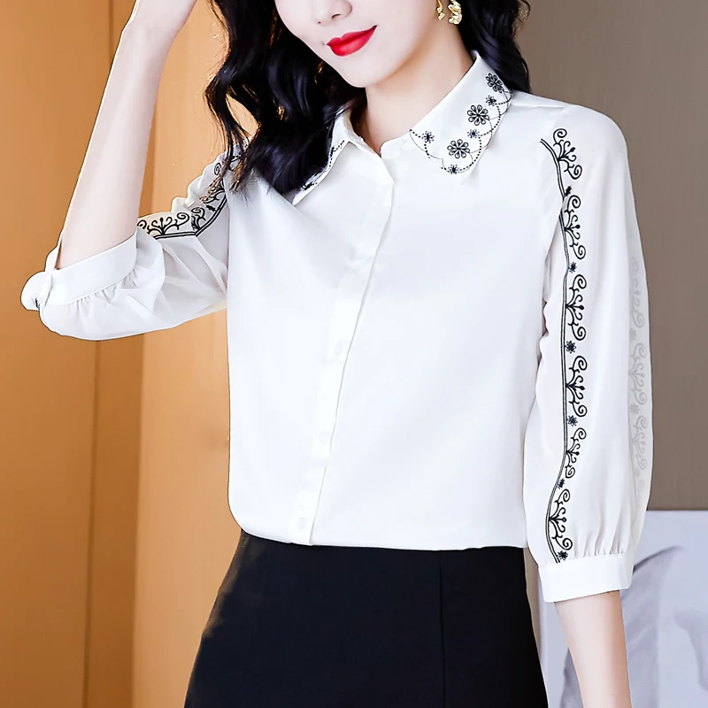 

Summer New Women's Blouses Polo Shirt Sleeve Tops Solid Color Embroidered Blouse Satin Casual Fashion Loose Houthion