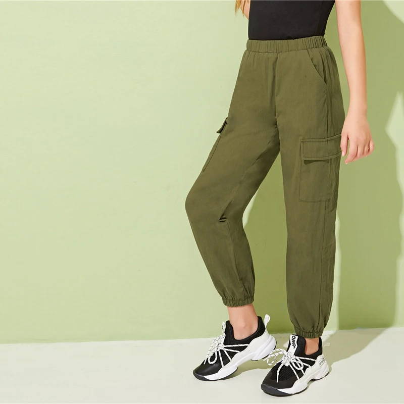 SHEIN Kiddie/повседневные штаны-карго с карманами в армейском и зеленом цвете для девочек детские длинные брюки с эластичной резинкой на талии на осень года, Chldren