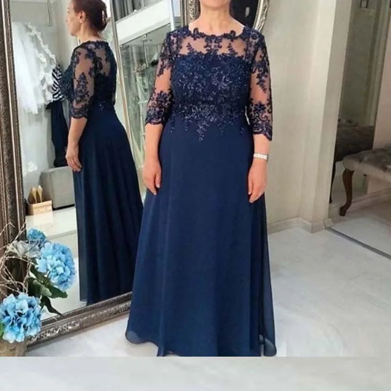 

Великолепные трапециевидные Длинные темно-синие платья для матери невесты, кружевные платья с рукавами 3/4 и аппликацией, свадебные платья д...