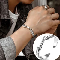 1pcstibetan silver retro feather shape cuff bangle adjustable classic bracelet for men women jewelry gift accessories party