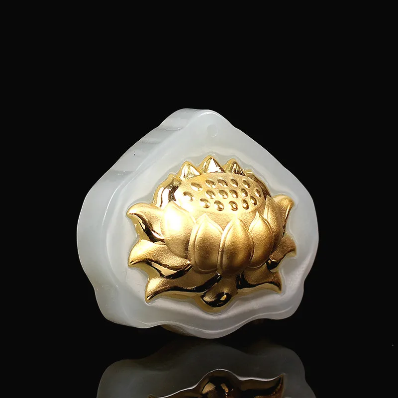 Натуральный китайский белый нефрит кулон мозаика Золотой лотос корень красивые