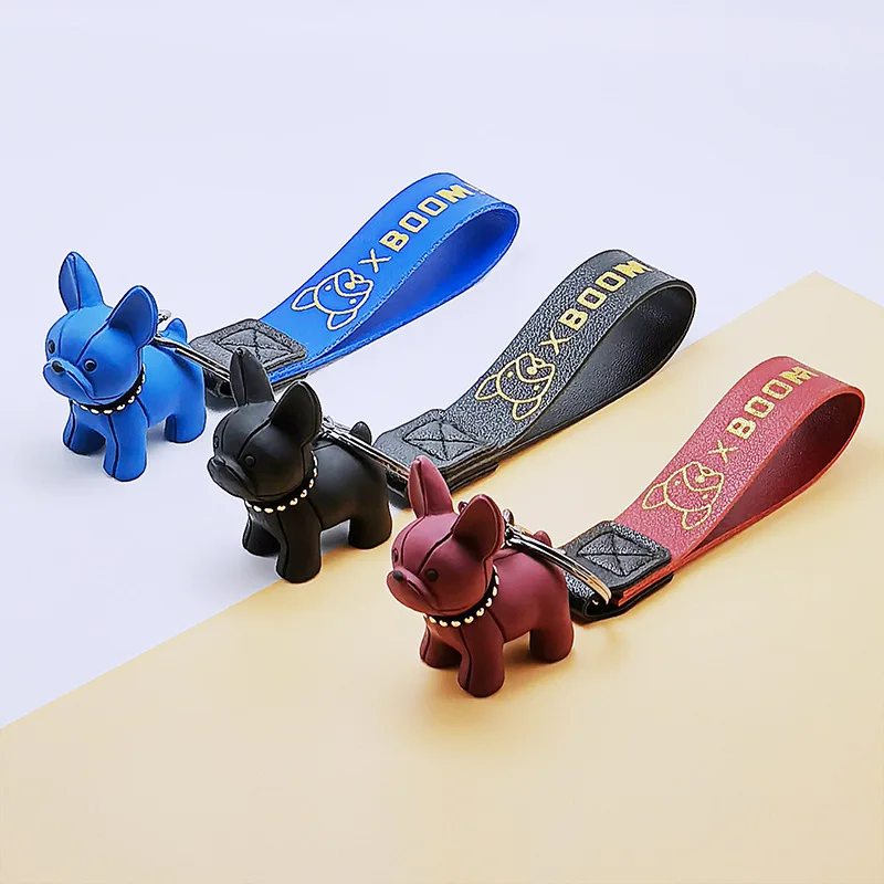

Cute French Bulldog Keychain PU Leather Rope Key Rings Punk Style Women Bags Pendant Trinket Men's Car Key Ring